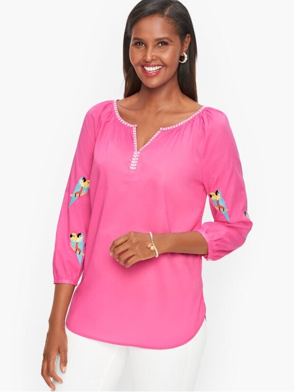 Talbots Women’s L Pink Embroidered Blouse PARROT EMBELLISHED VOILE POPOVER